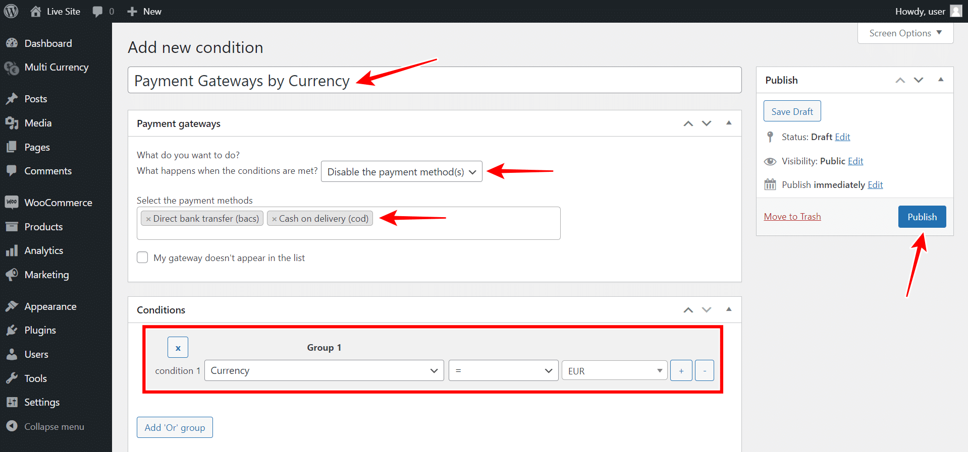 woocommerce disable payment gateways based on currency