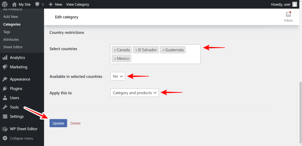 woocommerce restrict categories by country