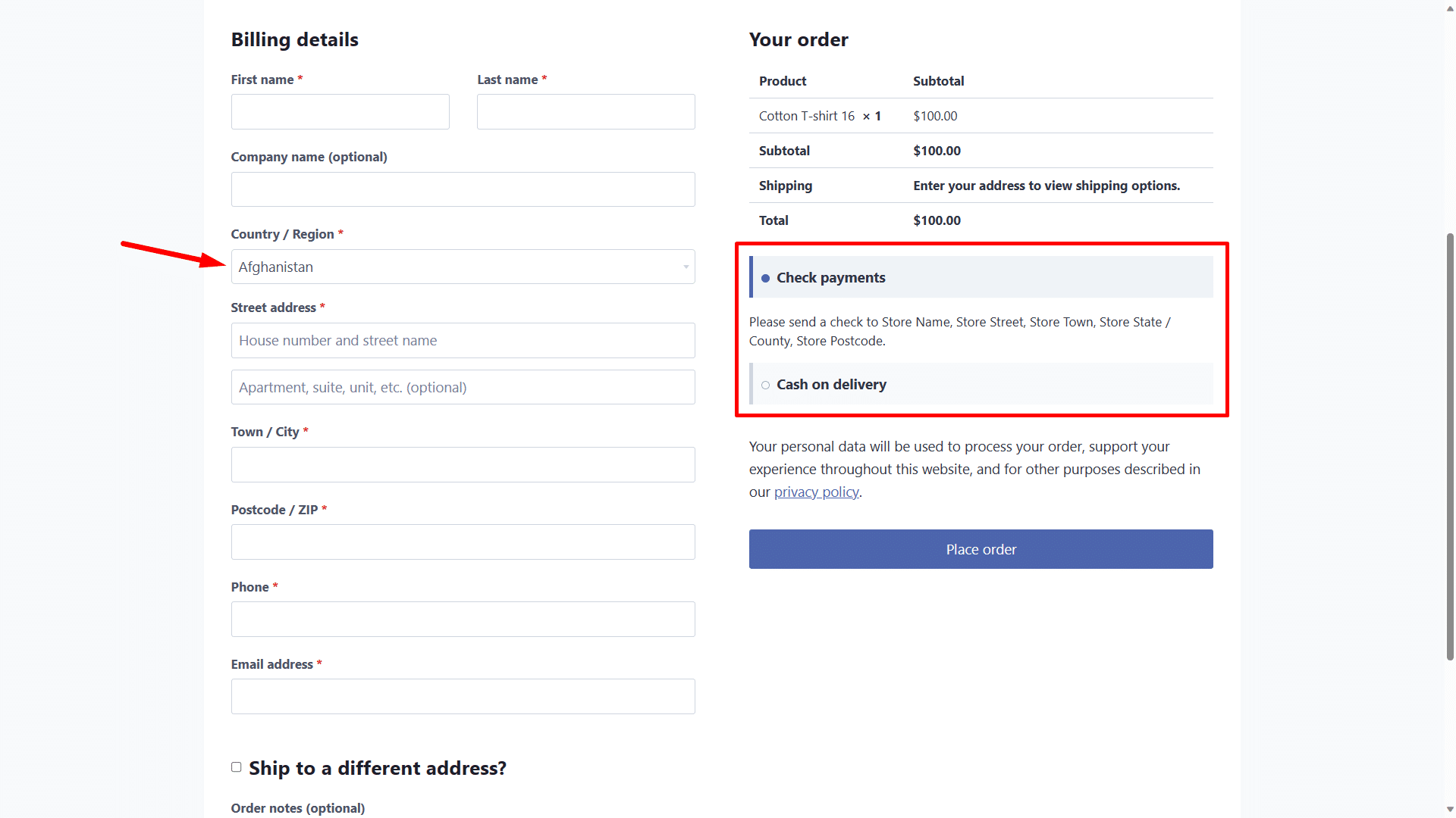 Disable WooCommerce payment gateway for specific country