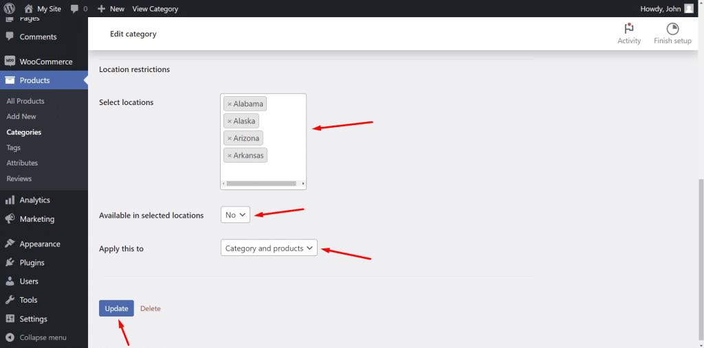restrict categories by state woocommerce