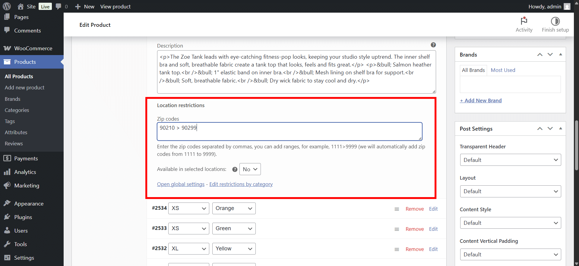 hide specific woocommerce variations by zip code range