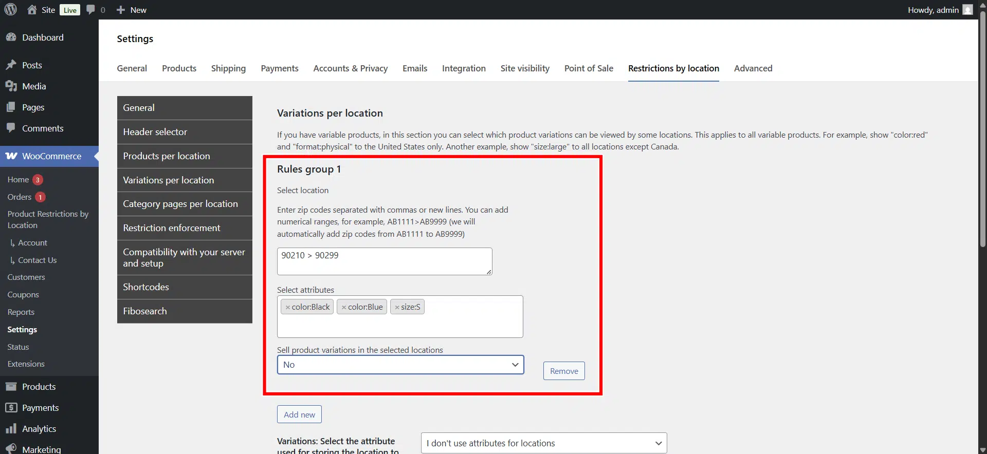 hide all woocommerce variations with specific attributes by zip code range